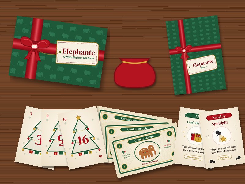 The Elephante box, rulebook, drawstring sack, Turn Order cards, Cookie Dough bills, and Naughty or Nice cards